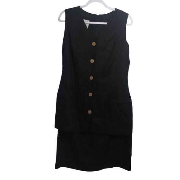 Sake Black Linen Sleeveless Dress Pleated Button Front Career Size 10 - Picture 1 of 10